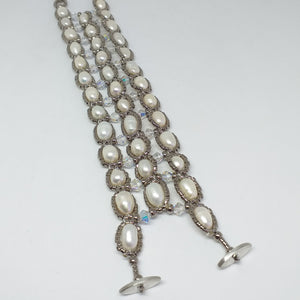 Fine beaded freshwater pearl and metallic micro-bead wide wrist cuff