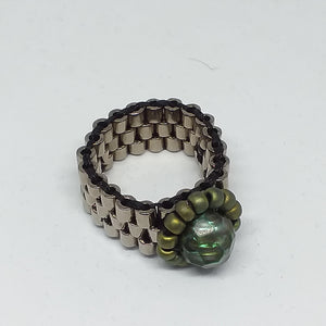 Beaded ring, wide woven glass bead band with freshwater pearl centerpiece