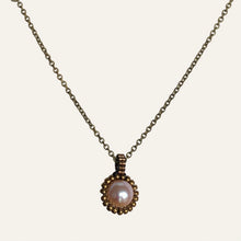 Load image into Gallery viewer, Pearl pendant necklace. Beaded jewellery. Large round freshwater pearl surrounded by metallic bronze-tone glass beads.