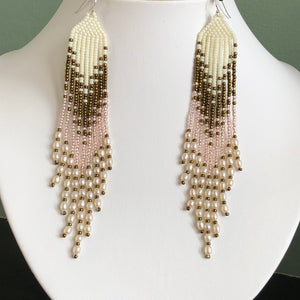 Boho style beaded tassel earrings in bronze, cream and champagne with freshwater pearl. Long drop earrings.