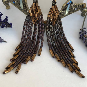 Beaded tassel earrings: mat plumb purple & bronze