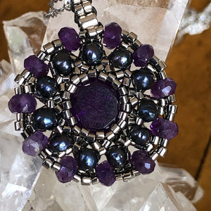 Amethyst and blue pearl fine beaded mandala pendant with metallic silver micro beads