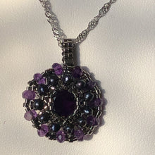 Load image into Gallery viewer, Amethyst and blue pearl fine beaded mandala pendant with metallic silver micro beads