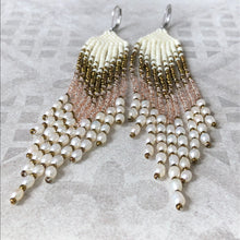 Load image into Gallery viewer, Boho style beaded tassel earrings in bronze, cream and pink-champagne with freshwater pearl. Long drop earrings.