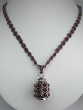 Load image into Gallery viewer, Cremation jewellery. Garnet encrusted fine beaded urn pendant on garnet and metallic bronze beaded chain