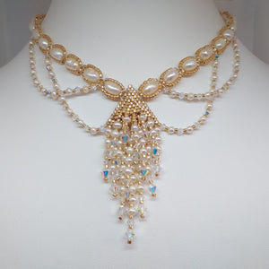 Bridal baroque pearl choker necklace with tasseled pendant and side drops