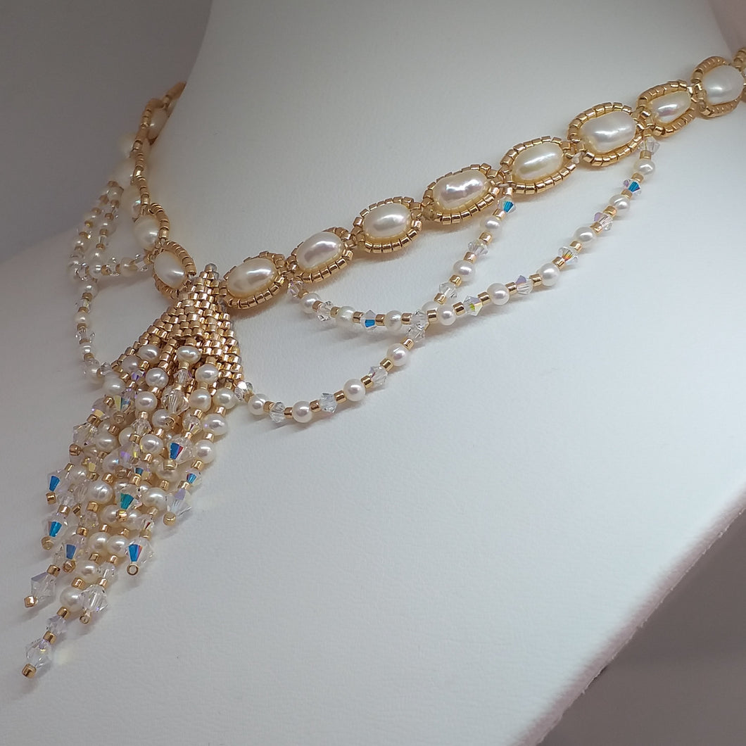 Bridal baroque pearl choker necklace with tasseled pendant and side drops