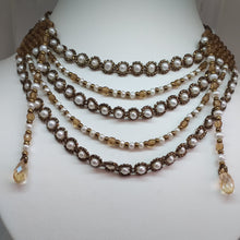 Load image into Gallery viewer, boho style multi-strand necklace with natural freshwater pearl and intricately woven metallic glass micro-beads and Swarovski drops.