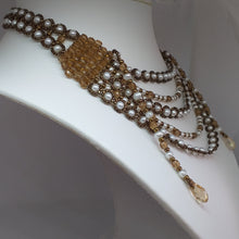 Load image into Gallery viewer, boho style multi-strand necklace with natural freshwater pearl and intricately woven metallic glass micro-beads and Swarovski drops.