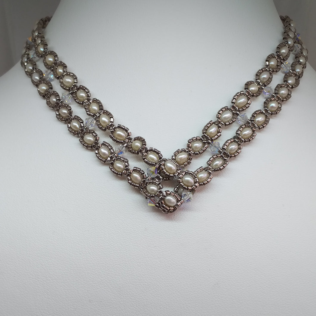 V shaped fine beaded pearl necklace with metallic micro-beads and Swarovski crystal