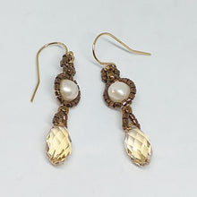 Load image into Gallery viewer, pearl and crystal drop beaded earrings with bronze tone