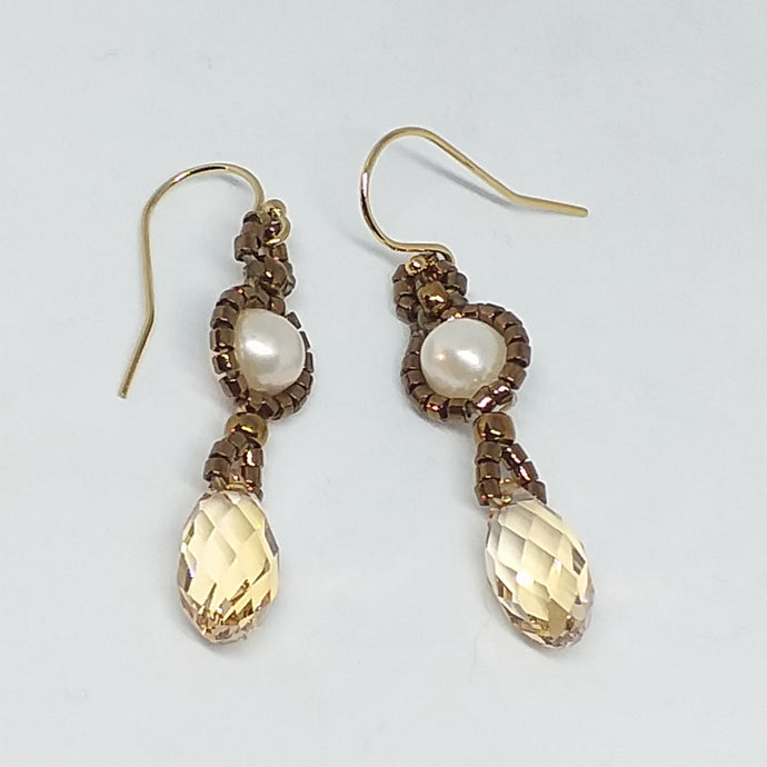 pearl and crystal drop beaded earrings with bronze tone