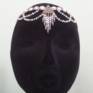 Fine beaded Elizabethan style tiara with freshwater pearl, Swarovski crystal and metallic micro beading.