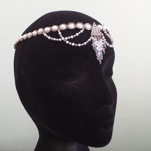 Fine beaded Elizabethan style tiara with freshwater pearl, Swarovski crystal and metallic micro beading.