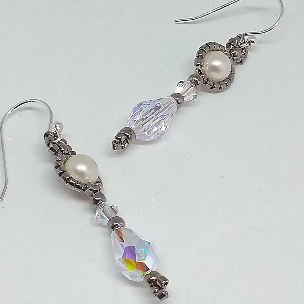 Fine beaded pearl drop earrings with metallic micro-beads and Swarovski teardrops