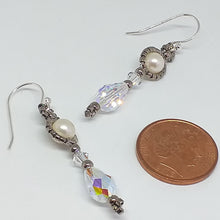 Load image into Gallery viewer, Fine beaded pearl drop earrings with metallic micro-beads and Swarovski teardrops