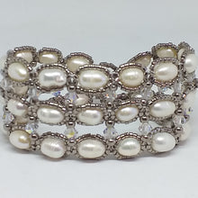 Load image into Gallery viewer, Fine beaded freshwater pearl and metallic micro-bead wide wrist cuff 