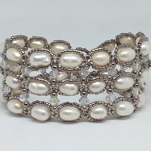 Fine beaded freshwater pearl and metallic micro-bead wide wrist cuff 