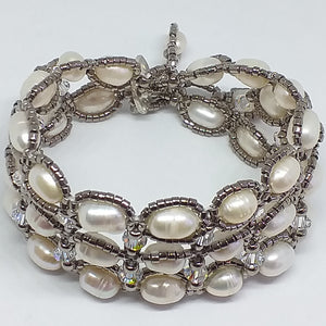 Fine beaded freshwater pearl and metallic micro-bead wide wrist cuff