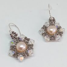 Load image into Gallery viewer, Fine beaded snowflake earrings with freshwater pearl centerpiece circled by a mandala of metallic micro-beading and Swarovski crystal