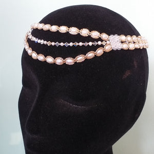 Three tier pearl choker fine beaded with champagne coloured glass micro-beading and Swarovski crystal