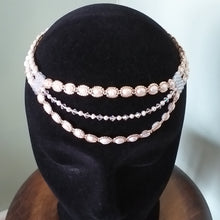 Load image into Gallery viewer, Three tier pearl tiara, fine beaded with champagne coloured glass micro-beading and Swarovski crystal