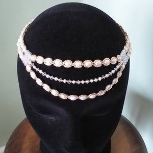 Three tier pearl tiara, fine beaded with champagne coloured glass micro-beading and Swarovski crystal