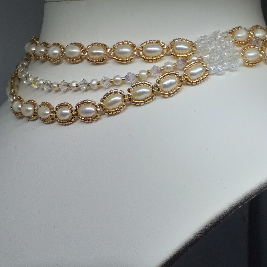 Three tier pearl choker fine beaded with champagne coloured glass micro-beading and Swarovski crystal 