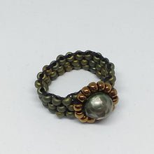Load image into Gallery viewer, Beaded ring, wide woven glass bead band with freshwater pearl centerpiece