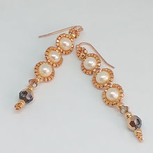 Load image into Gallery viewer, Pearl drop earring with 3 pearls and a Swarovski crystal drop. Fine beaded with metallic glass micro-beads