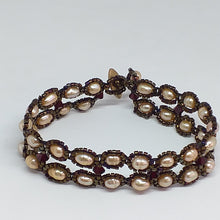 Load image into Gallery viewer, Fine beaded bracelet, double strand with metallic dark bronze micro-beads and freshwater pearl 