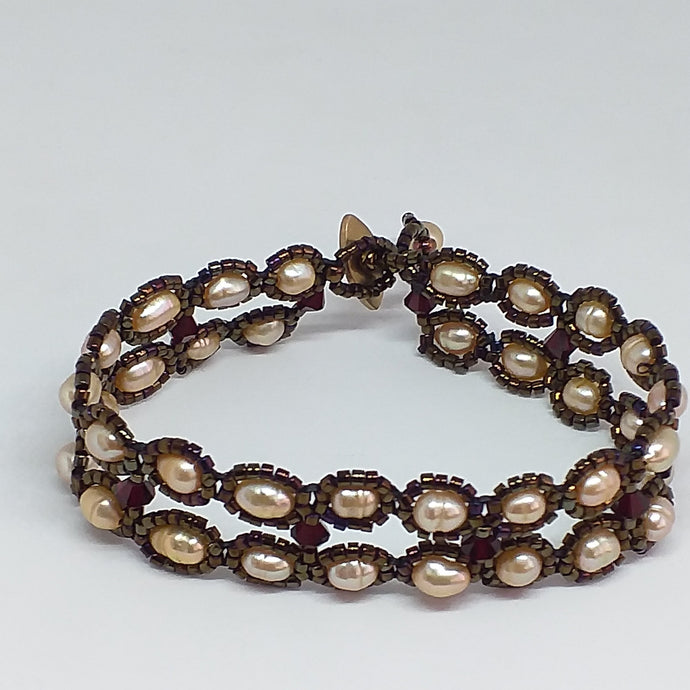 Fine beaded bracelet, double strand with metallic dark bronze micro-beads and freshwater pearl 