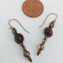 Load image into Gallery viewer, Fine beaded garnet drop earring with metallic micro-beading and Swarovski crystal
