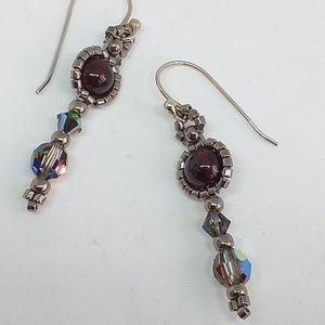 Fine beaded garnet drop earring with metallic micro-beading and Swarovski crystal