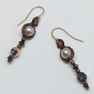 Fine beaded pearl drop earring with metallic micro-beading and Swarovski crystal