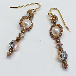 Fine beaded pearl drop earring with metallic micro-beading and Swarovski crystal