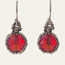 Load image into Gallery viewer, Beaded Victorian style earrings with vibrant red Swarovski crystal and silver tone glass micro beads