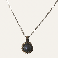 Load image into Gallery viewer, Pearl pendant necklace. Beaded jewellery. Large round freshwater black pearl surrounded by metallic bronze-tone glass beads.