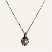 Load image into Gallery viewer, Pearl pendant necklace. Beaded jewellery. Large round freshwater pearl surrounded by metallic silver-tone glass beads.