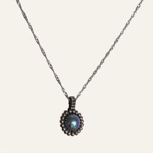 Load image into Gallery viewer, Pearl pendant necklace. Beaded jewellery. Large round blue freshwater pearl surrounded by metallic silver-tone glass beads.