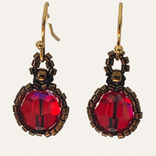 Load image into Gallery viewer, Beaded Victorian style earrings with vibrant red Swarovski crystal and bronze tone glass micro beads