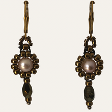 Load image into Gallery viewer, Victorian style beaded pearl earrings with metallic bronze-tone glass beads