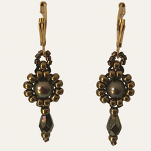 Load image into Gallery viewer, Victorian style beaded blue pearl earrings with metallic bronze-tone glass beads