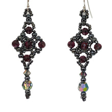 Load image into Gallery viewer, Celtic cross shape beaded earrings with facetted garnet and Swarovski crystal in metallic silver theme micro-beading