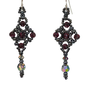 Celtic cross shape beaded earrings with facetted garnet and Swarovski crystal in metallic silver theme micro-beading