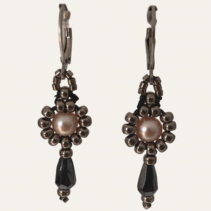 Victorian style beaded pearl earrings with metallic silver-tone glass beads