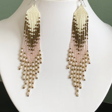 Load image into Gallery viewer, Boho style beaded tassel earrings in bronze, cream and champagne with freshwater pearl. Long drop earrings.