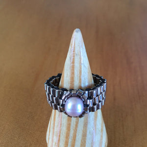 Beaded ring, wide woven glass bead band with freshwater pearl centerpiece