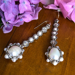 Fine beaded baroque pearl drop earrings with metallic steel micro-beading and Swarovski crystal.