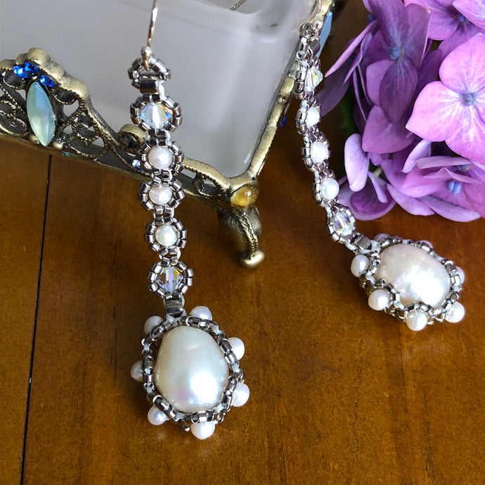 Fine beaded baroque pearl drop earrings with metallic steel micro-beading and Swarovski crystal.
